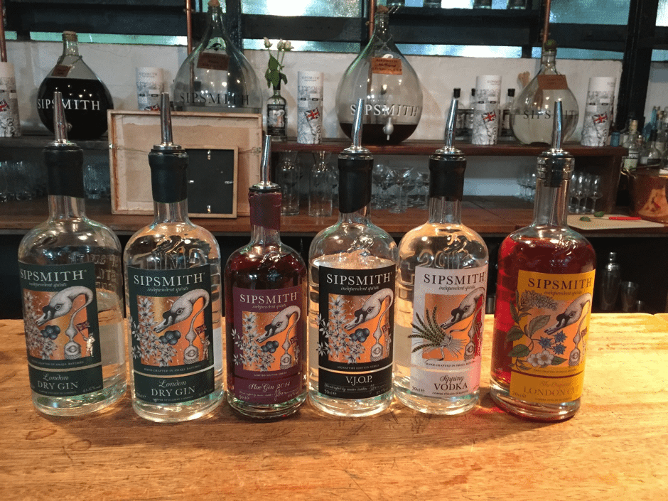 The Sipsmith range with six bottles: dy gin, sloe gin, VJOP, vodka and London Cup