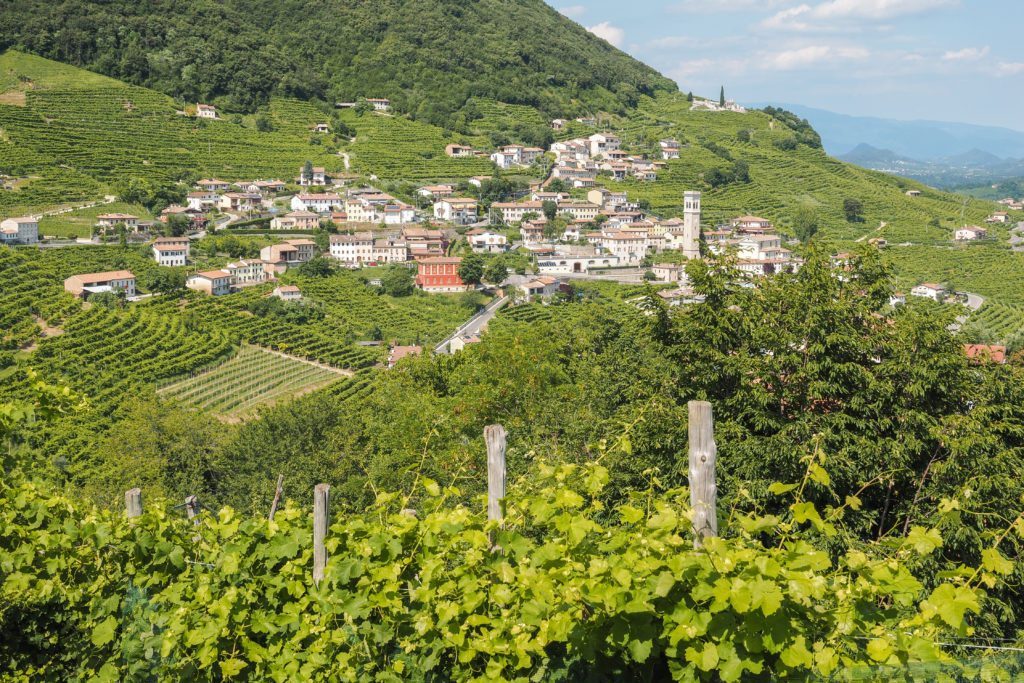 Small italian town Valdobbiadene, surrounded by vineyards, zone of production of Prosecco